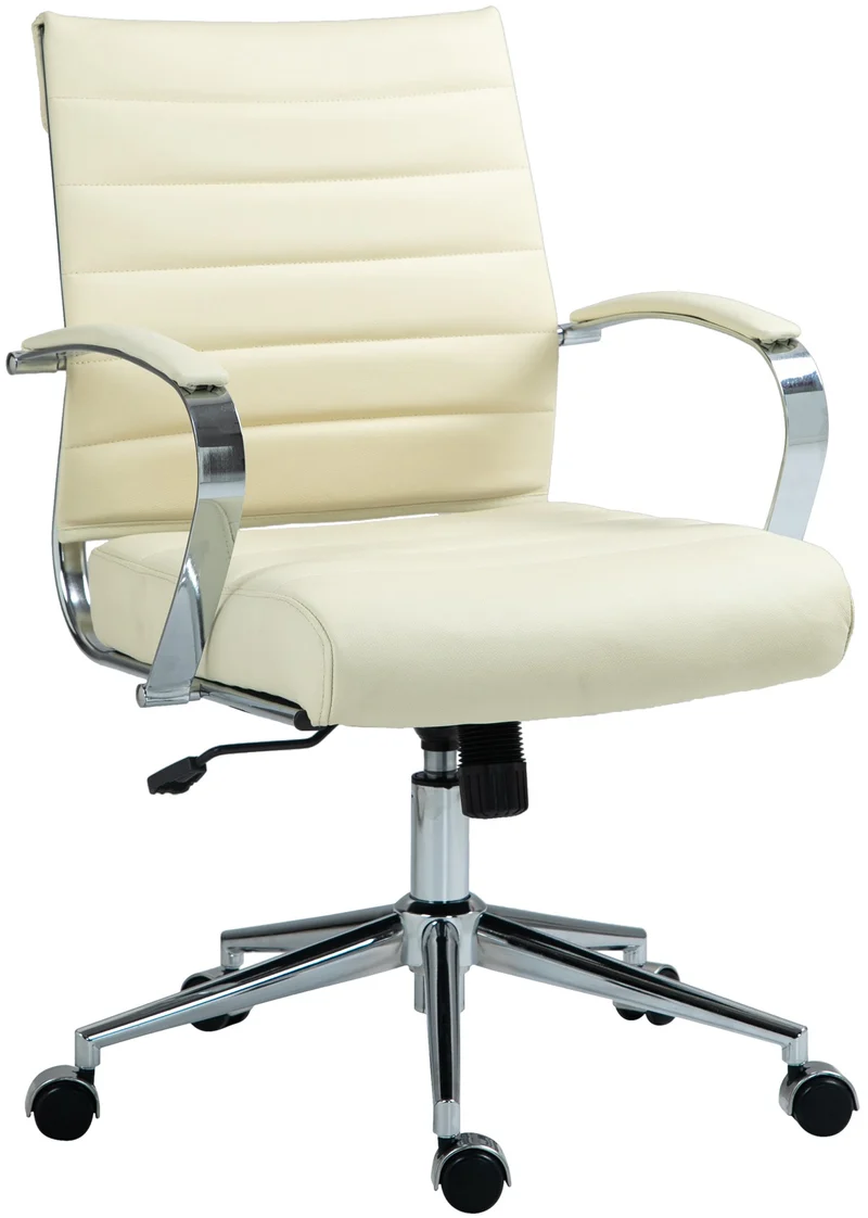 Chaise de bureau design ergonomique en cuir véritable crème et métal chromé 10_0002564