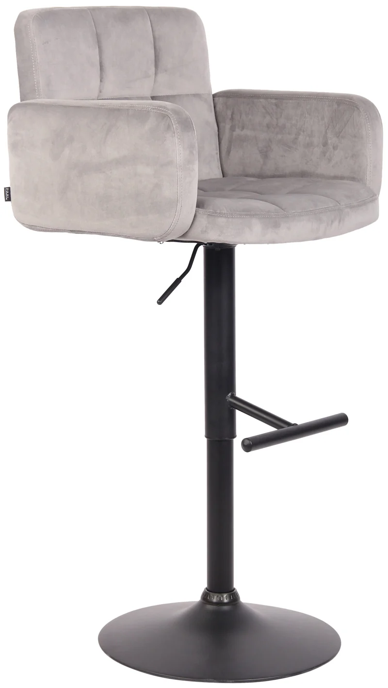 Tabouret de bar pivotant en velours gris et métal noir avec accoudoirs repose-pieds et dossier TDB10654