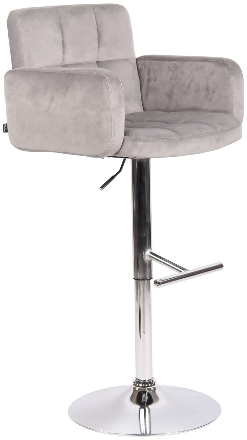 Tabouret de bar pivotant en velours gris et métal chromé avec accoudoirs repose-pieds et dossier TDB10647