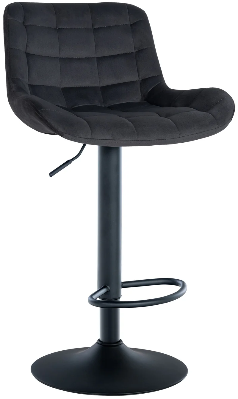 Tabouret de bar x1 en velours noir avec surpiqûres décoratives carrées cadre métal noir avec repose-pieds 10_0006205
