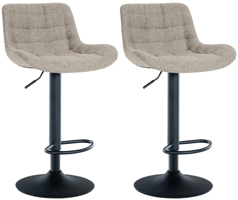 Lot de 2 tabourets de bar en tissu couleur taupe avec surpiqûres décoratives carrées cadre métal noir avec repose-pieds 10_0006069