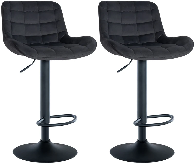 Lot de 2 tabourets de bar en velours noir avec surpiqûres décoratives carrées cadre métal noir avec repose-pieds 10_0006590