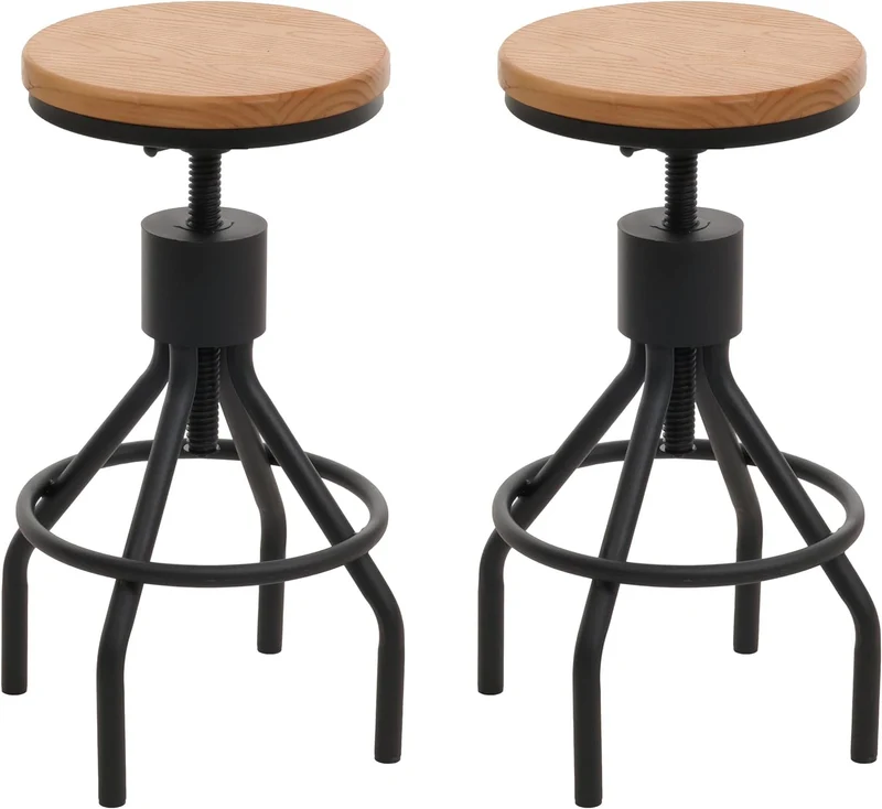 Lot de 2 tabourets de bar chaise haute design industriel réglable en hauteur repose-pieds rotatif métal noir et bois massif naturel TDB04083