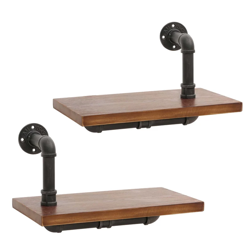 Lot de 2 étagères murales suspendues design industriel acier et bois marron 29x45x25 cm 04_0007482