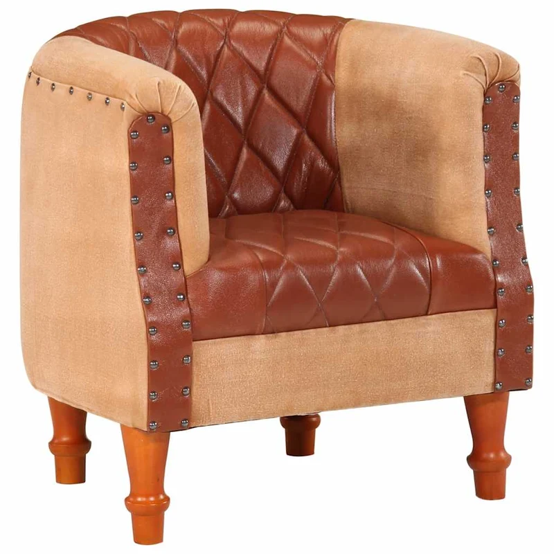Fauteuil lounge assise confortable design moderne marron cuir véritable bois de manguier massif brun DEC026459