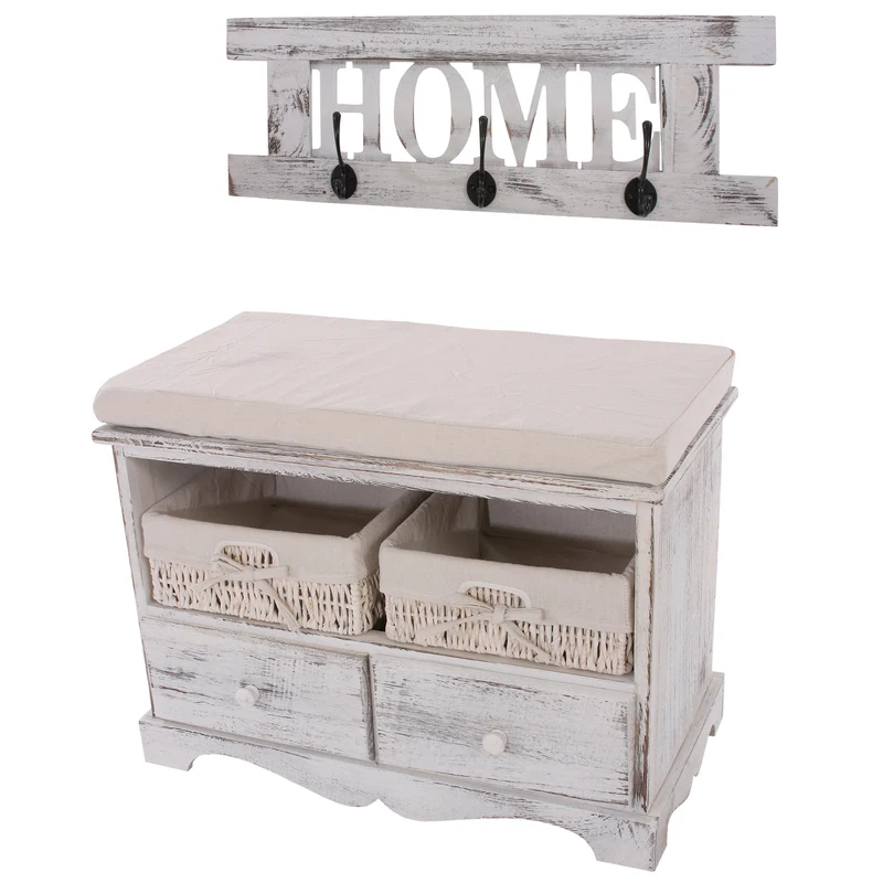Meuble d’entrée avec banc 62 cm avec porte manteau mural rangement paniers tiroirs style vintage tructure en bois de paulownia blanc 04_0011446