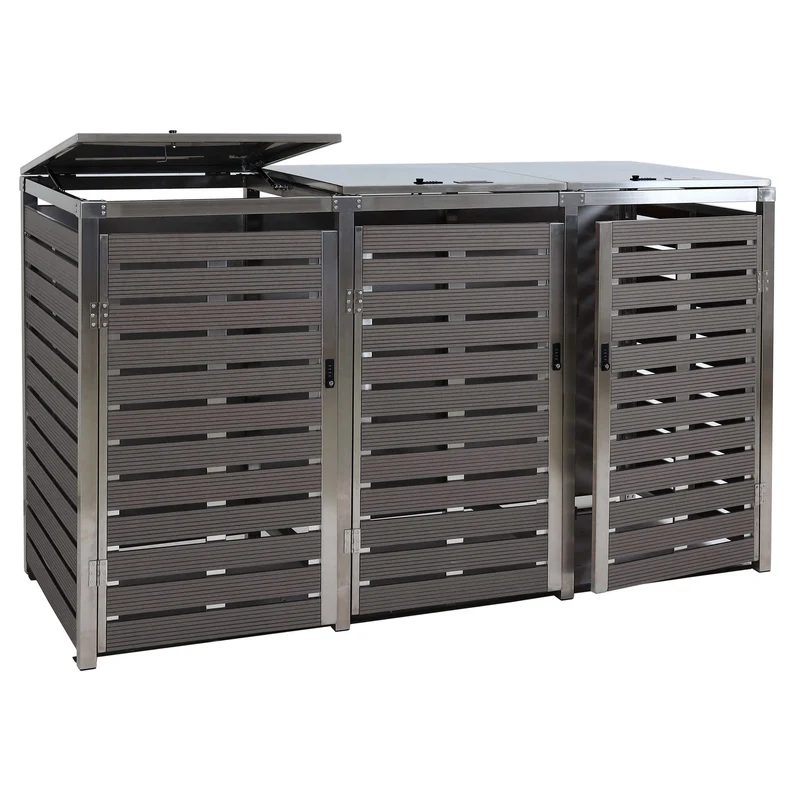 Abri poubelles triple 200 x 85 cm hauteur 120 cm bois composite anthracite acier inoxydable 04_0008234