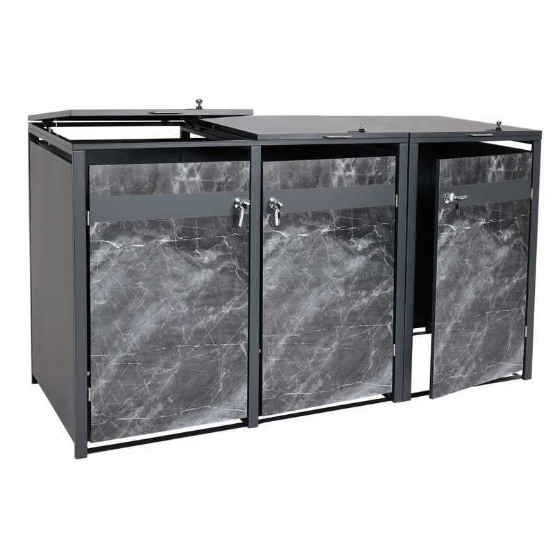 Abri poubelles triple 3 bacs 80 à 240 L 200 x 80 cm métal effet marbre anthracite 04_0008233