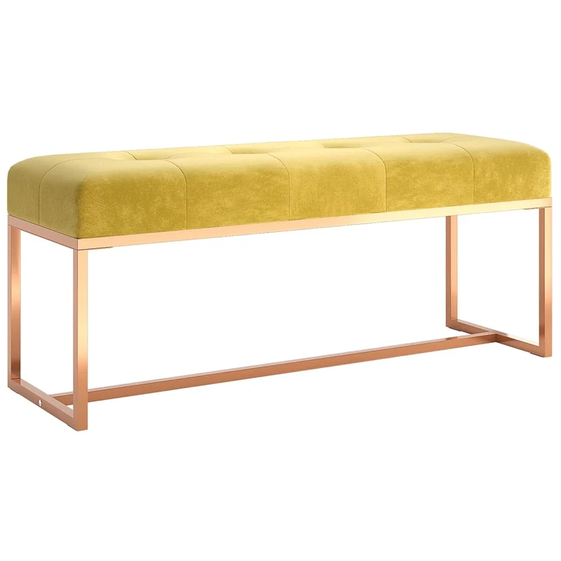 Banc banquette bout de lit design moderne 110 x 36 x 45 cm en velours jaune moutarde capitonné et métal doré DEC024813