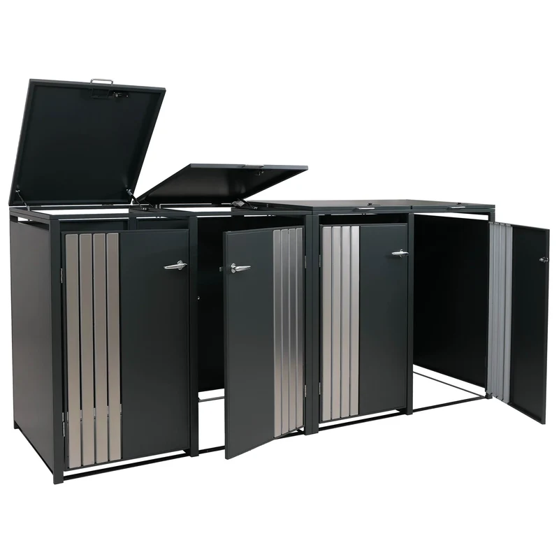 Cache poubelles 4 bacs avec couvercle abri poubelle extérieur en acier galvanisé anthracite 80 à 240L verrouillable 122x264x84 cm 04_0009341