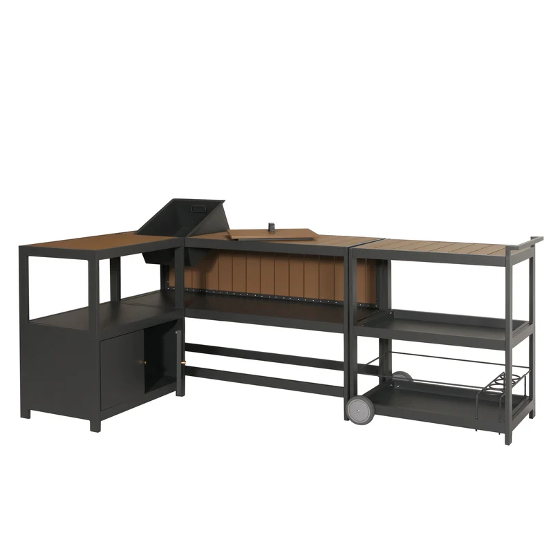 Lot de 3 éléments de cuisine extérieure modulables serviteur avec roulettes 97 x 296 x 50 cm en aluminium gris 04_0010146