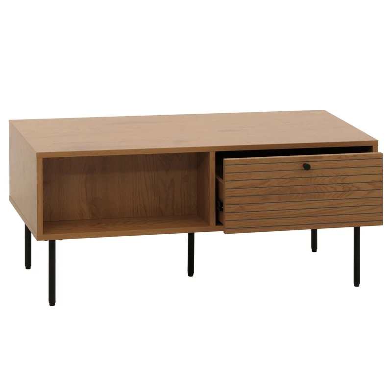 Table basse design scandinave avec tiroirs et rangements finition mélaminée résistante et métal 100x50 cm coloris naturel 04_0009766