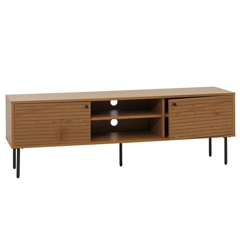 Meuble TV design scandinave avec rangements 6 compartiments passe-câbles intégré finition mélaminée résistante et métal 150 cm coloris naturel 04_0009779