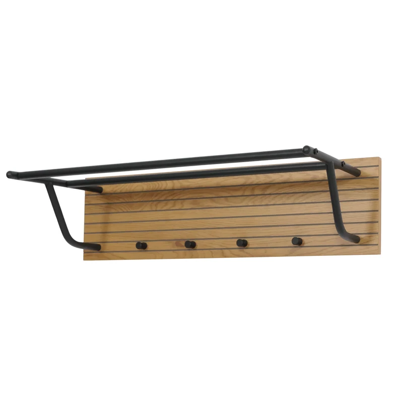 Porte-manteau mural style scandinave avec étagère 2 barres et 4 crochets bois métal 04_0009752