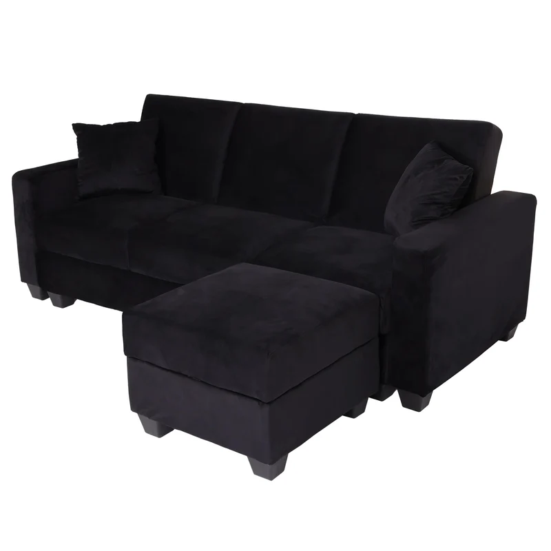 Canapé d’angle convertible velours noir avec méridienne modulable et coffre de rangement 04_0010440