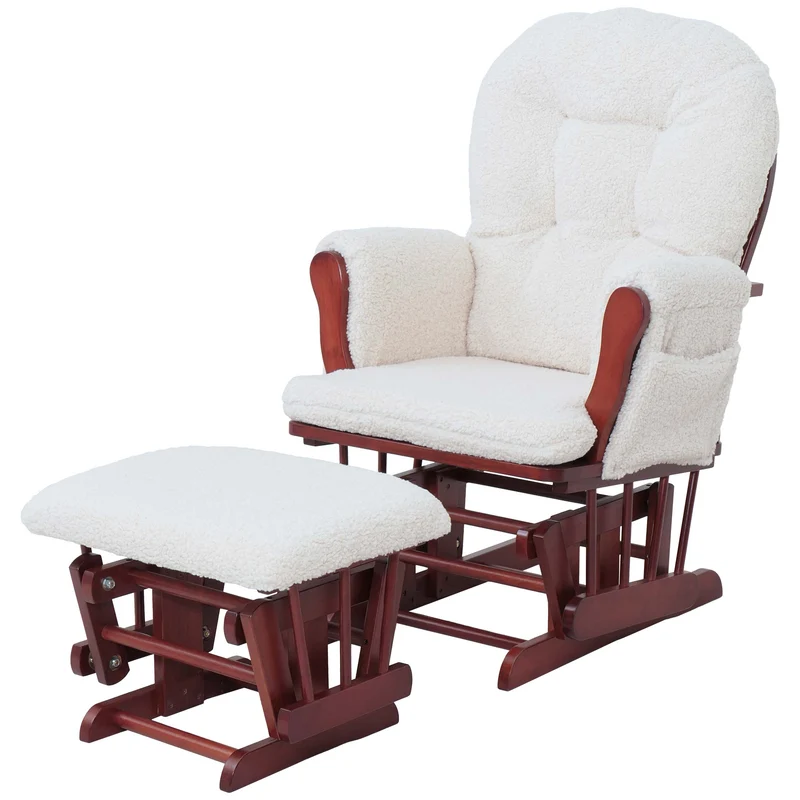 Fauteuil relax à bascule avec repose-pieds tissu bouclé crème structure bois d’hévéa 04_0009685
