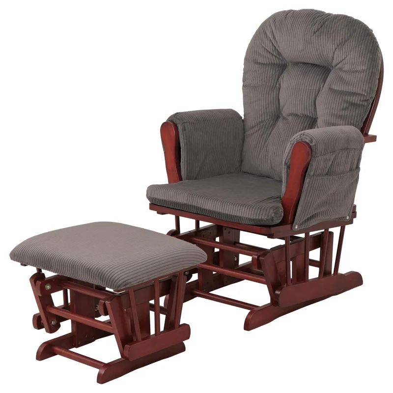 Fauteuil relax à bascule avec repose-pieds tissu velours côtelé gris foncé structure bois d’hévéa 04_0009673