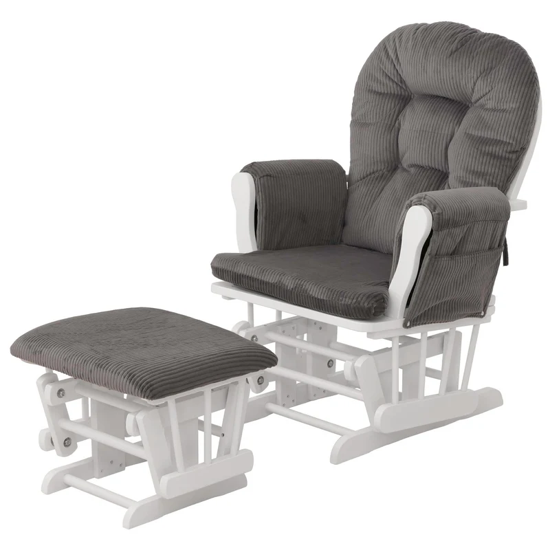 Fauteuil relax à bascule avec repose-pieds fauteuil lounge en tissu velours côtelé gris foncé structure bois massif blanche 04_0009667