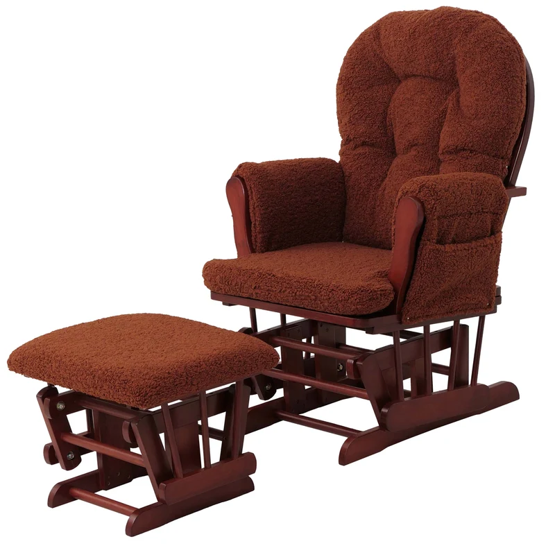 Fauteuil relax à bascule rembourrage épais avec repose-pieds en tissu bouclé marron rouille structure bois massif foncée 04_0009684