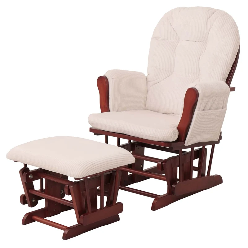 Fauteuil relax à bascule rembourrage confortable avec repose-pieds en velours côtelé crème structure bois massif foncée 04_0009677