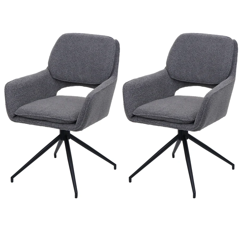 Lot de 2 chaises de salle à manger pivotante 180° avec retour automatique tissu bouclé gris piètement en forme de trépied fer noir 04_0009970