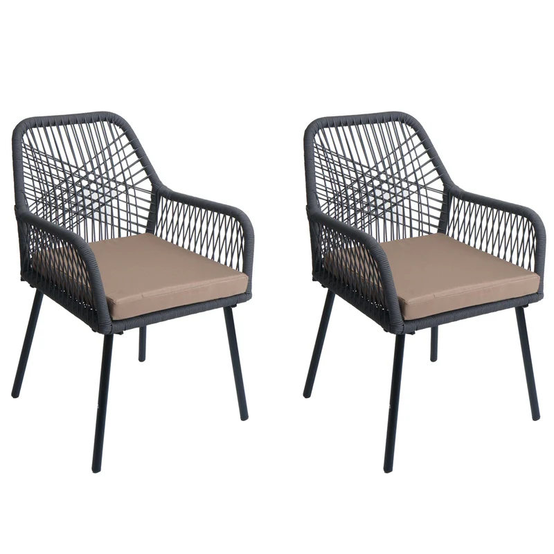 Lot de 2 chaises de jardin motif graphique aéré en aluminium anthracite corde tressée et coussins taupe inclus 04_0009696
