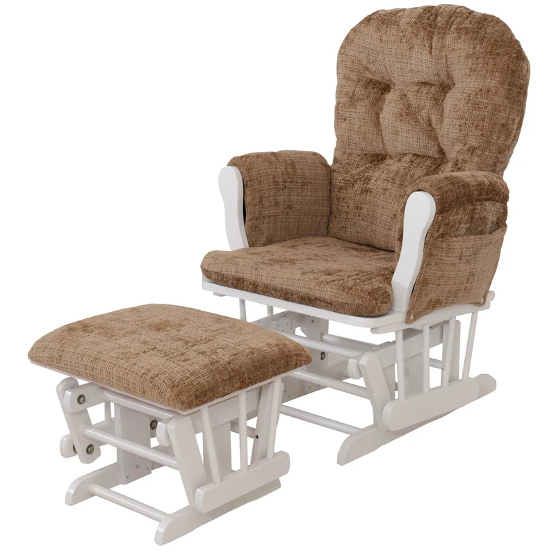 Fauteuil relax à bascule rembourrage épais avec repose-pieds en tissu chenille marron clair structure bois massif blanche 04_0009697