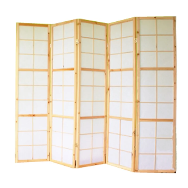 Paravent 5 panneaux pans en bois naturel et papier riz 175x220cm PAR06035