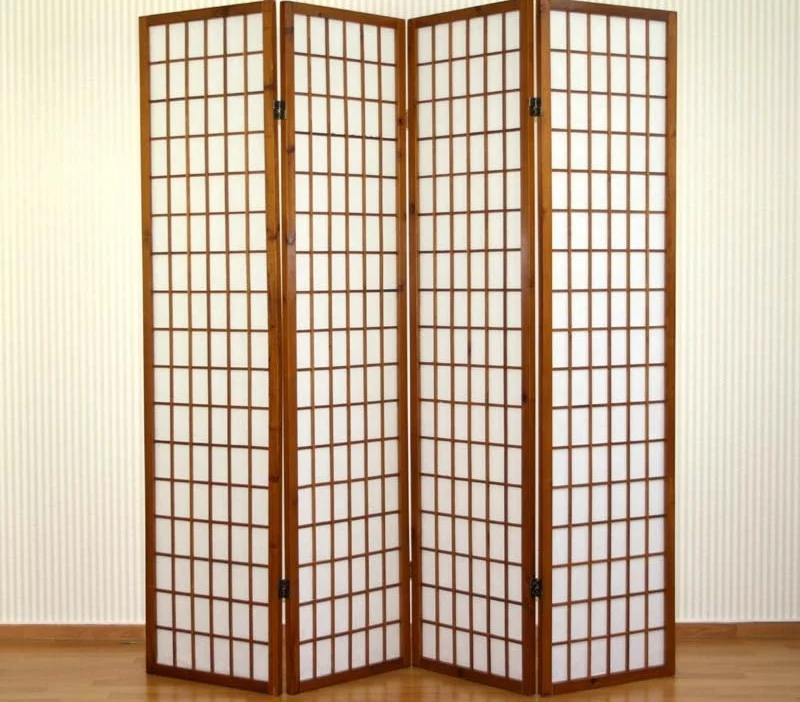 Paravent 4 panneaux en bois marron et papier riz 175x176cm PAR06043