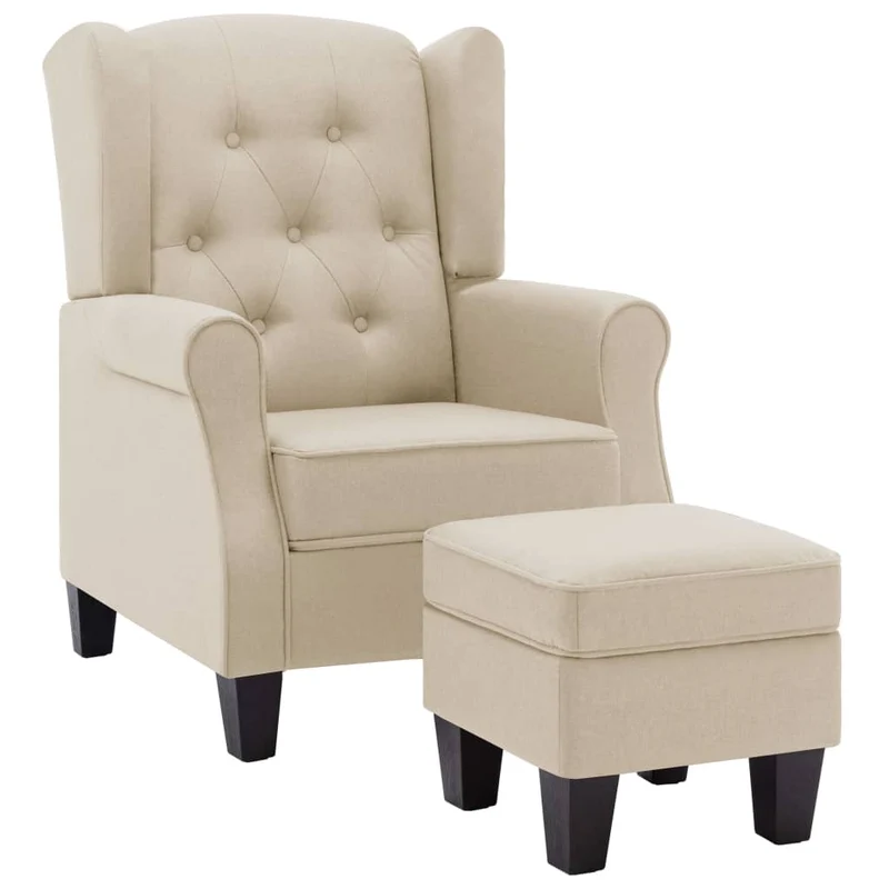 Fauteuil lounge design moderne confortable avec repose-pieds en tissu crème DEC026831