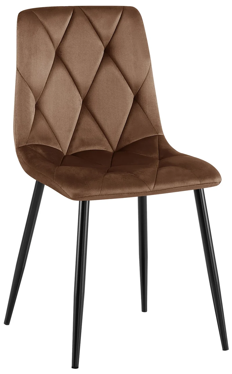 Chaise de salle à manger x1 en velours marron coutures décoratives losange cadre métal 10_0007190