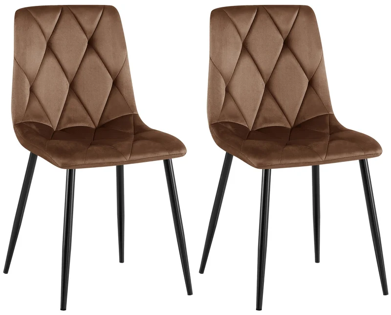 Lot de 2 chaises de salle à manger design moderne surpiqûres en losange velours marron et cadre métal noir 10_0007353