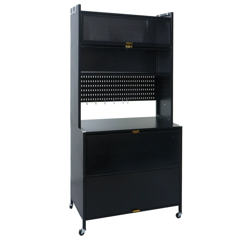 Meuble de cuisine avec plan de travail et rangements étagère cuisine sur roulettes avec crochets portes coulissantes 175 cm structure métal noir 04_0009371