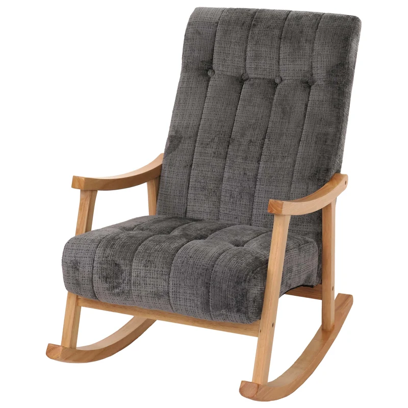 Fauteuil à bascule design avec accoudoirs en tissu chenille gris foncé structure bois massif couleur naturelle 04_0009800