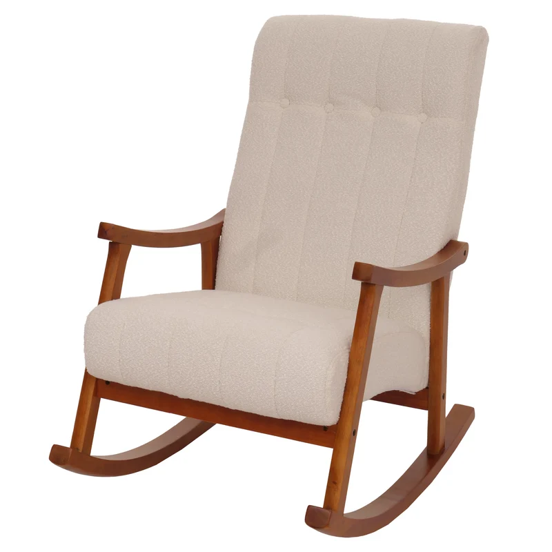 Fauteuil à bascule design avec accoudoirs assise large en tissu bouclé crème structure bois finition noyer 04_0009815