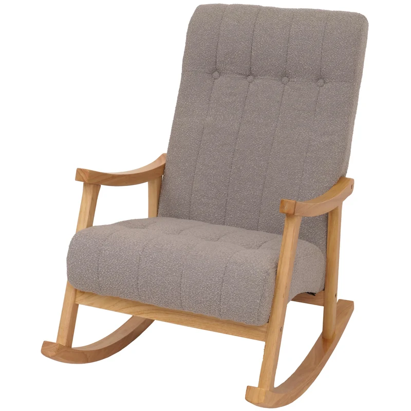 Fauteuil à bascule design avec accoudoirs assise large en tissu bouclé beige structure bois massif naturel 04_0009808