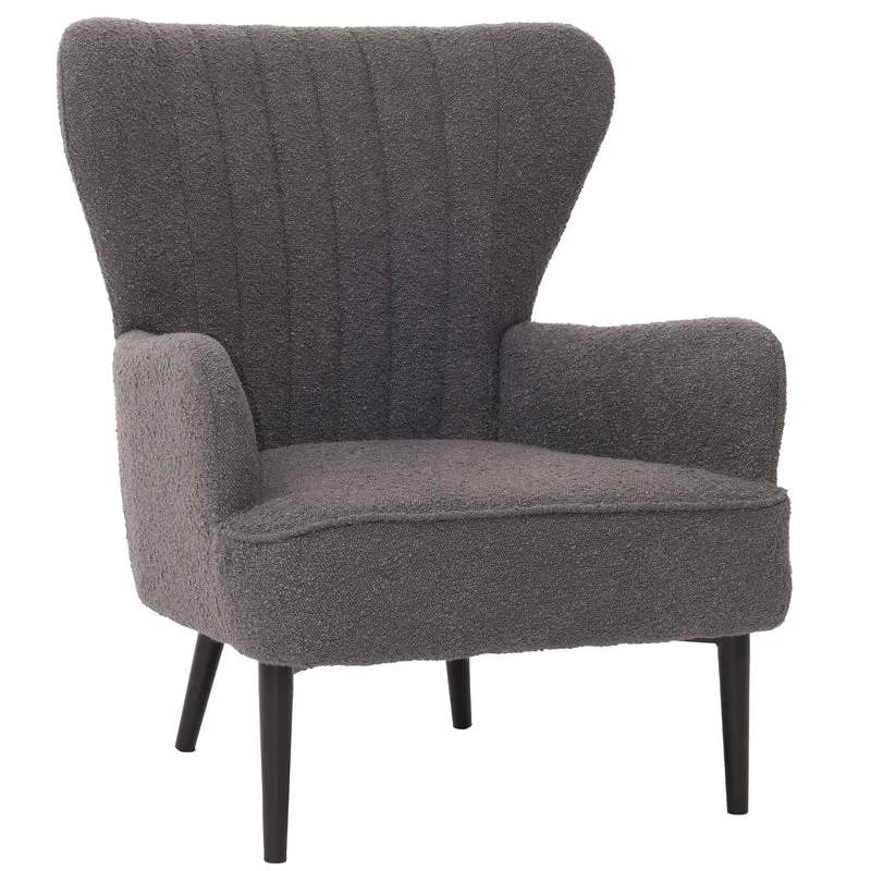 Fauteuil lounge design rétro avec accoudoirs assise large avec ressorts rembourrage épais assise en tissu bouclé gris foncé structure métal 04_0009992