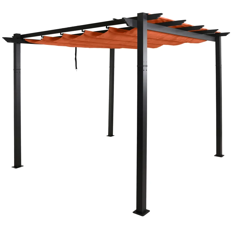 Pergola aluminium pavillon de jardin terrasse 3x3 m avec toit coulissant réglable structure 8 cm tissu polyester UV50+ terracotta 04_0009721