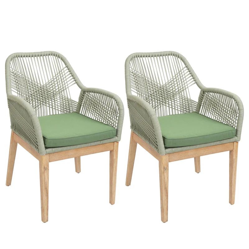 Lot de 2 chaises de jardin moderne résistant aux intempériese en bois d’acacia dossier arrondi en corde tressée vert coussin vert 04_0009621