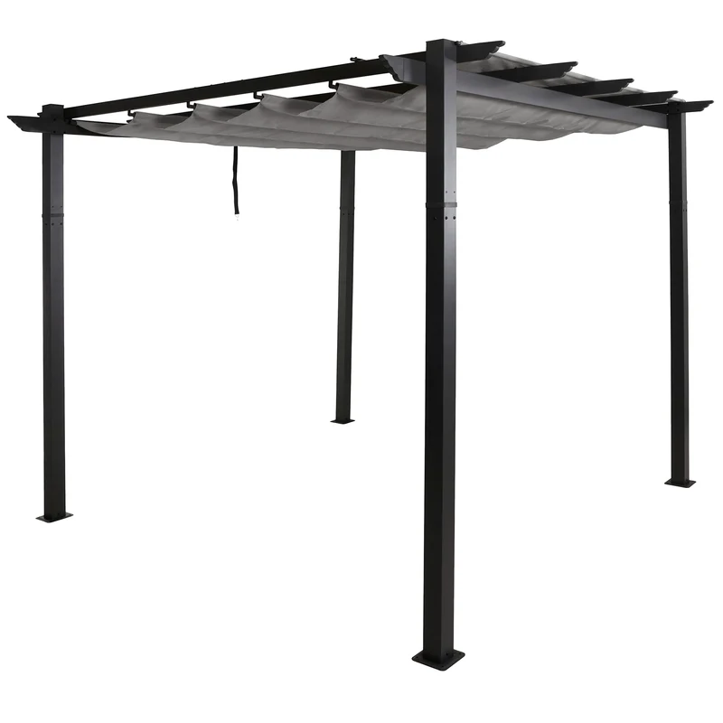 Pergola aluminium pavillon de jardin terrasse 3x3 m avec toit coulissant réglable structure 8 cm tissu polyester UV50+ gris 04_0009722