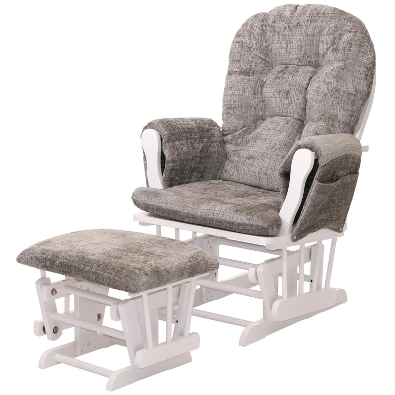 Fauteuil relax à bascule avec repose pieds assise confortable poches latérales tissu chenille gris clair structure bois blanc 04_0009921