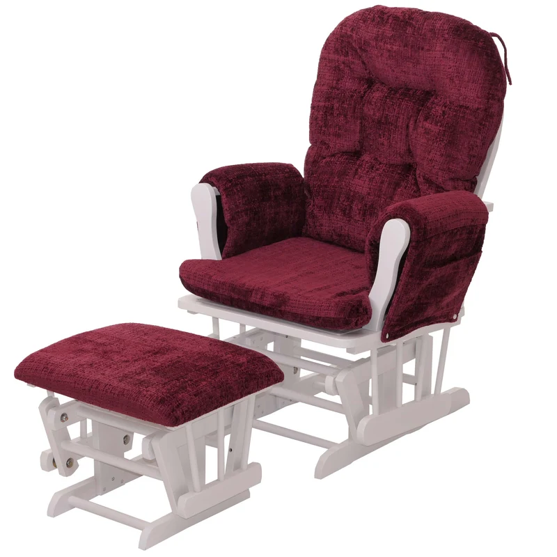 Fauteuil relax à bascule avec repose pieds assise confortable poches latérales tissu chenille bordeaux structure bois blanc 04_0009919