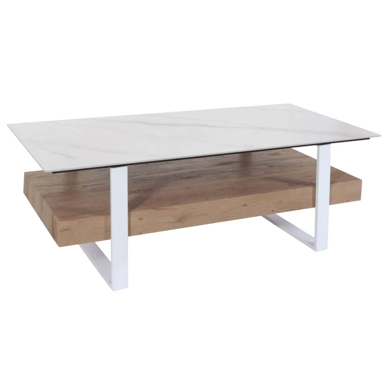 Table basse design avec plateau effet marbre blanc pierre frittée étagère rangement structure métal plateau bois naturel 04_0010118