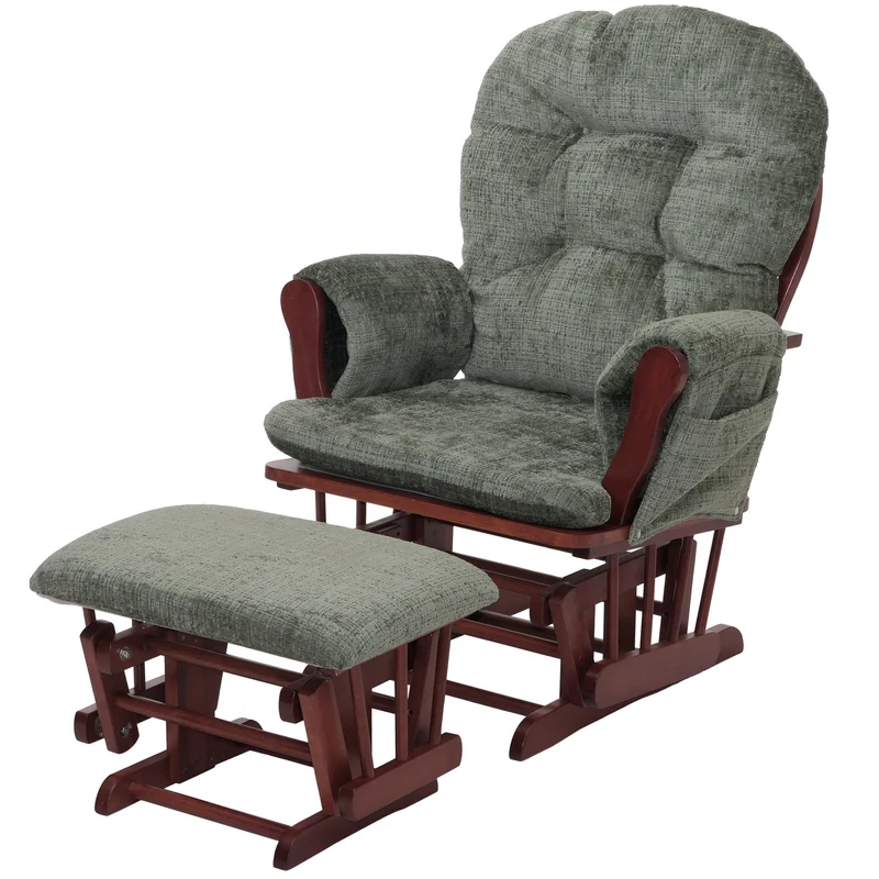 Fauteuil relax à bascule avec repose pieds assise confortable poches latérales tissu chenille vert structure bois foncé 04_0009924