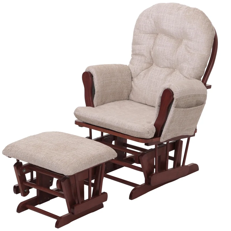 Fauteuil relax à bascule avec repose pieds confort rembourré poches latérales tissu chenille crème structure bois foncé 04_0009930