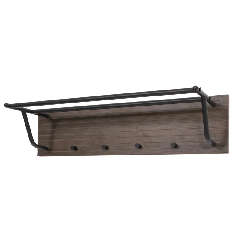Porte manteau mural avec étagère deux barres penderie quatre crochets style scandinave bois mélaminé métal marron foncé 04_0009751