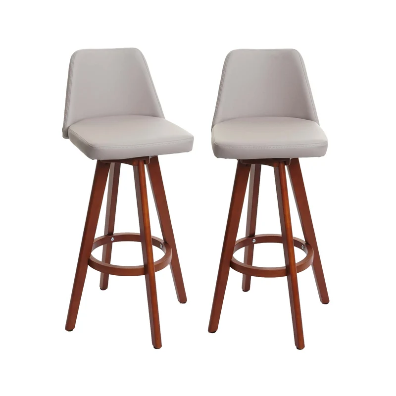 Lot de 2 tabourets de bar chaises comptoir pivotant avec repose-pieds cadre en bois assise en PVC taupe 04_0007457