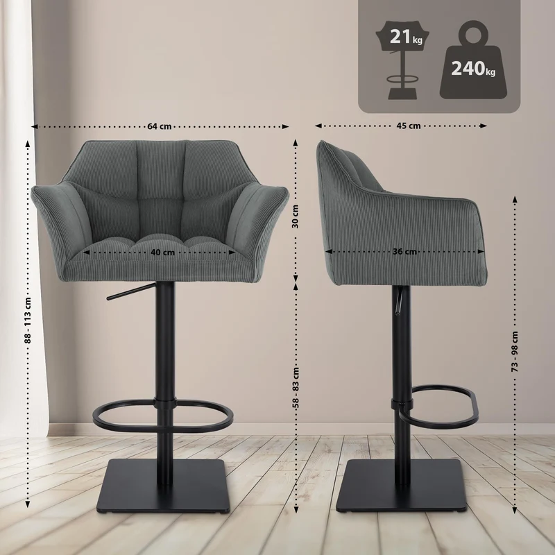 Tabouret de bar x1 réglable en velours côtelé gris foncé assise enveloppante capitonnée et avec base carrée en métal noir 10_0006121