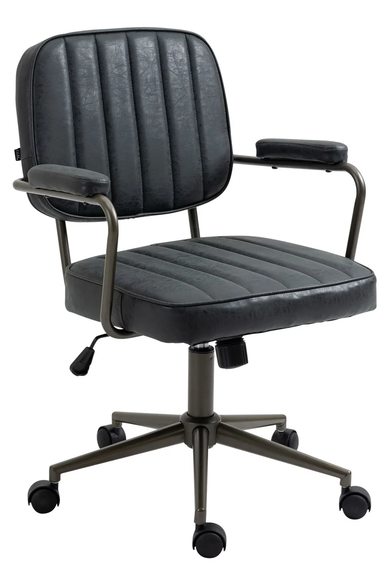 Fauteuil de bureau industriel vintage sur roulettes en synthétique noir vieilli hauteur réglable BUR10686