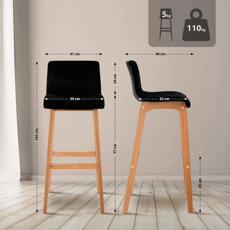 Tabouret de bar x1 piètement à 4 pieds en bois assise en velours noir style scandinave 10_0005852